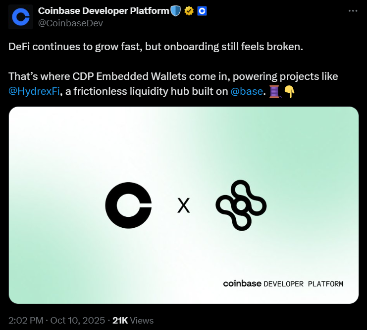 $HYDX (<a href="/HydrexFi/">Hydrex</a>) showing insane strength, one of the few coins actually going up even after one of the worst crashes we’ve seen in crypto (up ~60% in the past 24h)

And the reason is simple: Base / <a href="/CoinbaseDev/">Coinbase Developer Platform🛡️</a> keeps backing it + team keeps working non-stop

Last major update