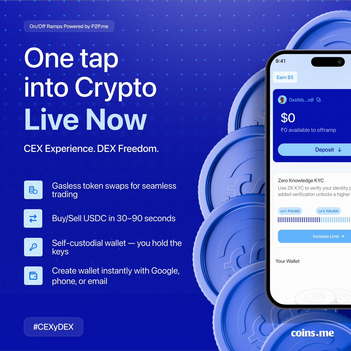 coinsme_HQ's tweet image. Everyone wanted simpler crypto.

We built it.

Introducing Coins.me

Gas free swaps, inbuilt decentralized @P2Pdotme  ramps, and full control in your hands.

No hints, no leaks. Just your new favourite, the CEXyDEX, delivered straight to you.

The perfect time for…