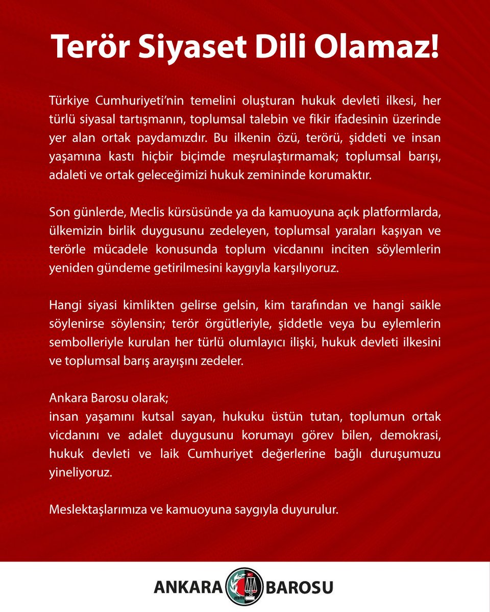 Terör Siyaset Dili Olamaz!

Türkiye Cumhuriyeti’nin temelini oluşturan hukuk devleti ilkesi, her türlü siyasal tartışmanın, toplumsal talebin ve fikir ifadesinin üzerinde yer alan ortak paydamızdır. Bu ilkenin özü, terörü, şiddeti ve insan yaşamına kastı hiçbir biçimde