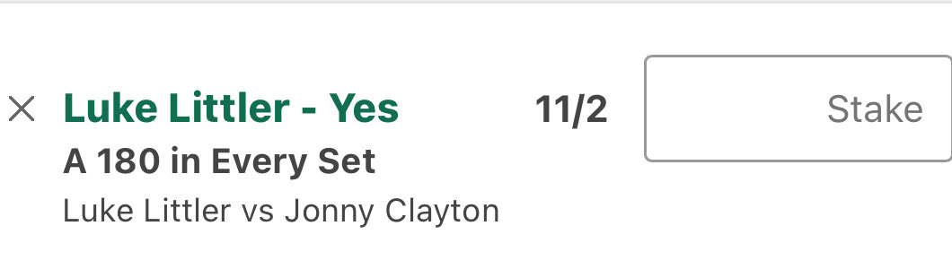 Darts Bet 🎯

Taking a chance here with Luke Littler who often steps up in these big matches 

Has only gone 2 sets all Grand Prix without a 180
  
Luke Littler 180s per set: 2, 2, 3, 2, 1, 2, 0, 1, 1, 0