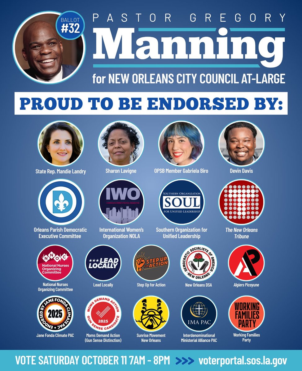 manning4change's tweet photo. Just take a look at this team 🏆 Join them TODAY in supporting Pastor Gregory Manning for NOLA City Council At-Large! 🙏🏿

#TeamManning #GeauxVote https://t.co/A4LE809jVi