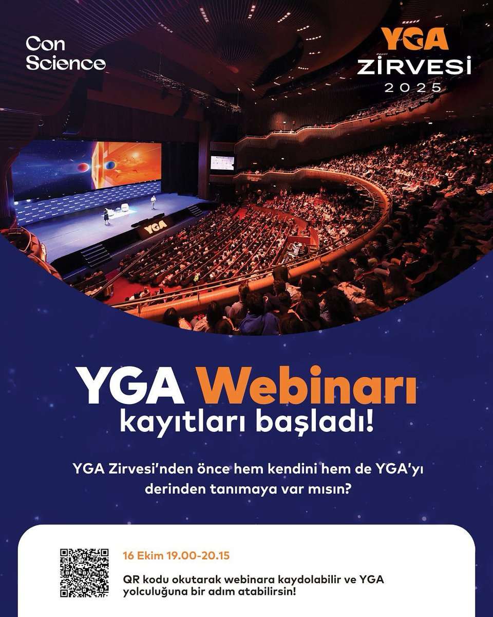 Online YGA Webinarı kayıtları başladı! 
YGA Zirvesi’nden önce hem kendini hem de YGA’yı derinden tanımaya, ilham veren hikayeler paylaşmaya hazır mısın? ➡️16 Ekim 19.00-20.15 arasında gerçekleşecek online YGA webinarı ile atabilirsin! 
Kayıtlar için QR kodu taratabilirsin.