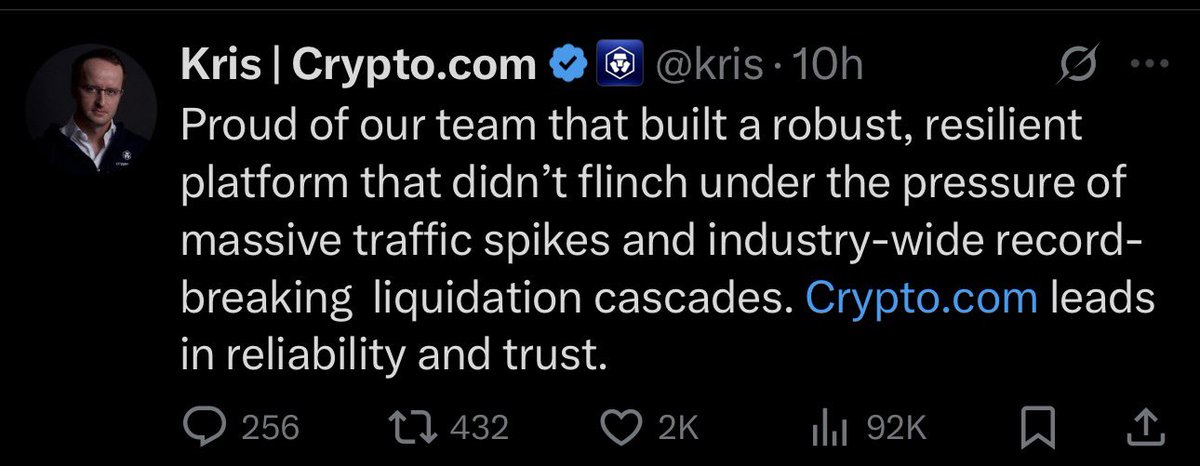 🚨 BREAKING NEWS: KRIS, CRYPTO.COM CEO, hails their platform's resilience! It withstood massive traffic spikes &amp; record-breaking liquidation cascades, solidifying leadership in reliability &amp; trust. Major Bullish for the future of $CRO!