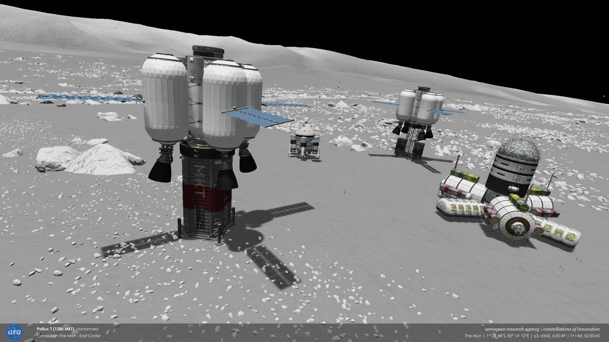 mikusingularity's tweet image. [ARA] Y3, D345 - The first shipment of material kits arrives at Pollux Base as previous landers are dismantled and also recycled into material kits.