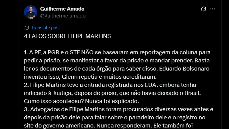 EnioViterbo's tweet image. Apenas lembrando:
O jornalista Guilherme Amado disse mais de uma vez que Filipe Martins entrou nos EUA em dezembro de 2022.
Os EUA disseram que essa viagem nunca aconteceu.
O jornalista poderia dizer publicamente que estava errado e que propagou informação inverídica, não?