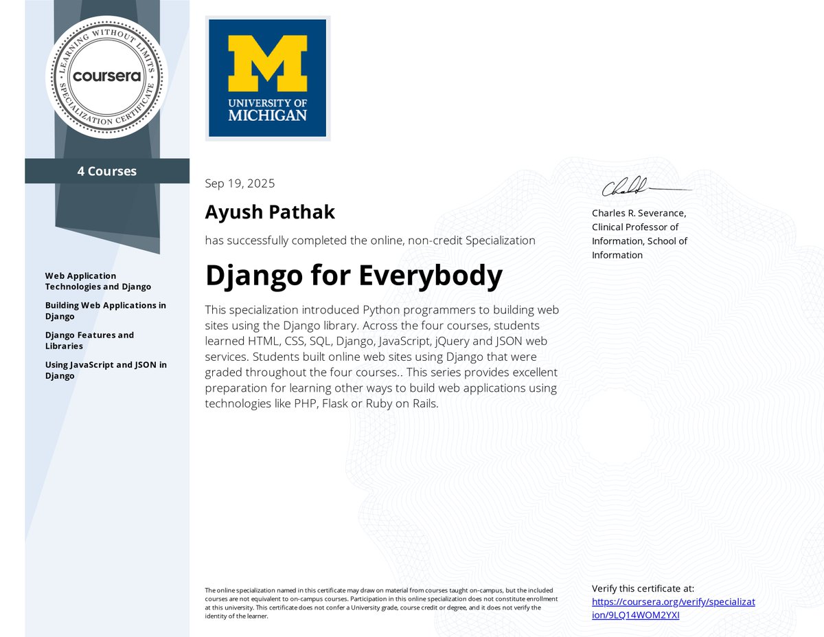 Ayush_Pathak465's tweet image. Completed the “Django for Everybody” Specialization by the University of Michigan! 🎓

Built full Django apps, worked with ORM, forms, auth &amp;amp; JS integration.

Excited to build real-world projects. 🚀
#Django #Python #WebDev