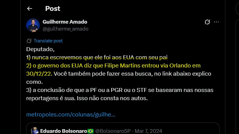 EnioViterbo's tweet image. Apenas lembrando:
O jornalista Guilherme Amado disse mais de uma vez que Filipe Martins entrou nos EUA em dezembro de 2022.
Os EUA disseram que essa viagem nunca aconteceu.
O jornalista poderia dizer publicamente que estava errado e que propagou informação inverídica, não?