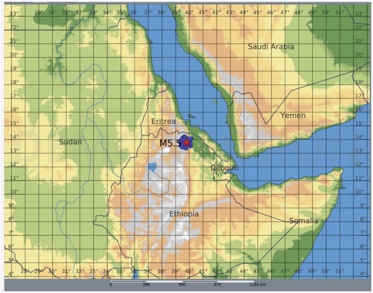 QLARM's tweet image. EARTHQUAKE M5.5. Origin Time: 2025-10-11 16:18:27 UTC, Ethiopia (13.8 ; 39.81), Depth: 10.0 km, (source(s): GFZ). Estimated fatalities: 0 to 170, injured: 200 to 1500