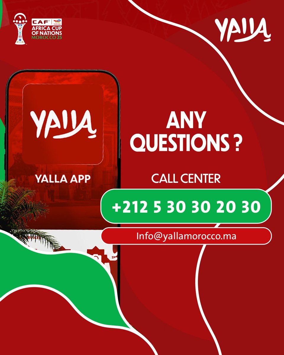 Yalla_Morocco's tweet photo. أي مساعدة أو استفسار؟
اتصل بـ مركز الاتصال على +212 5 30 30 20 30 📞

Need help or more info?
Our call center is here for you +212 5 30 30 20 30 💬

Une question sur la Yalla App ? 📱
Notre service client est à votre écoute au +212 5 30 30 20 30 ☎️

#Yalla #YallaApp #YallaMorocco https://t.co/cbR5OnCqNm
