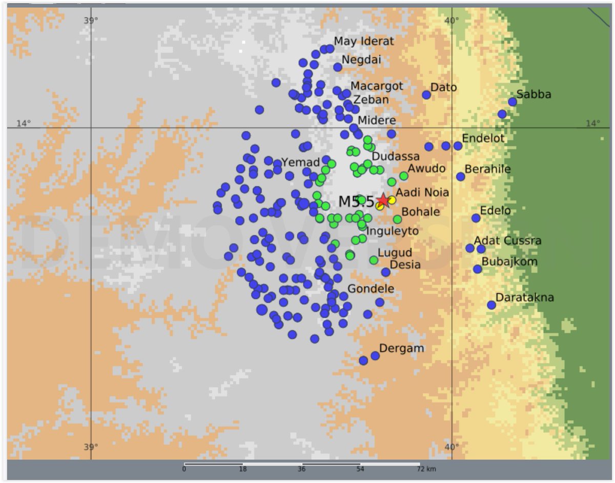 QLARM's tweet image. EARTHQUAKE M5.5. Origin Time: 2025-10-11 16:18:27 UTC, Ethiopia (13.8 ; 39.81), Depth: 10.0 km, (source(s): GFZ). Estimated fatalities: 0 to 170, injured: 200 to 1500