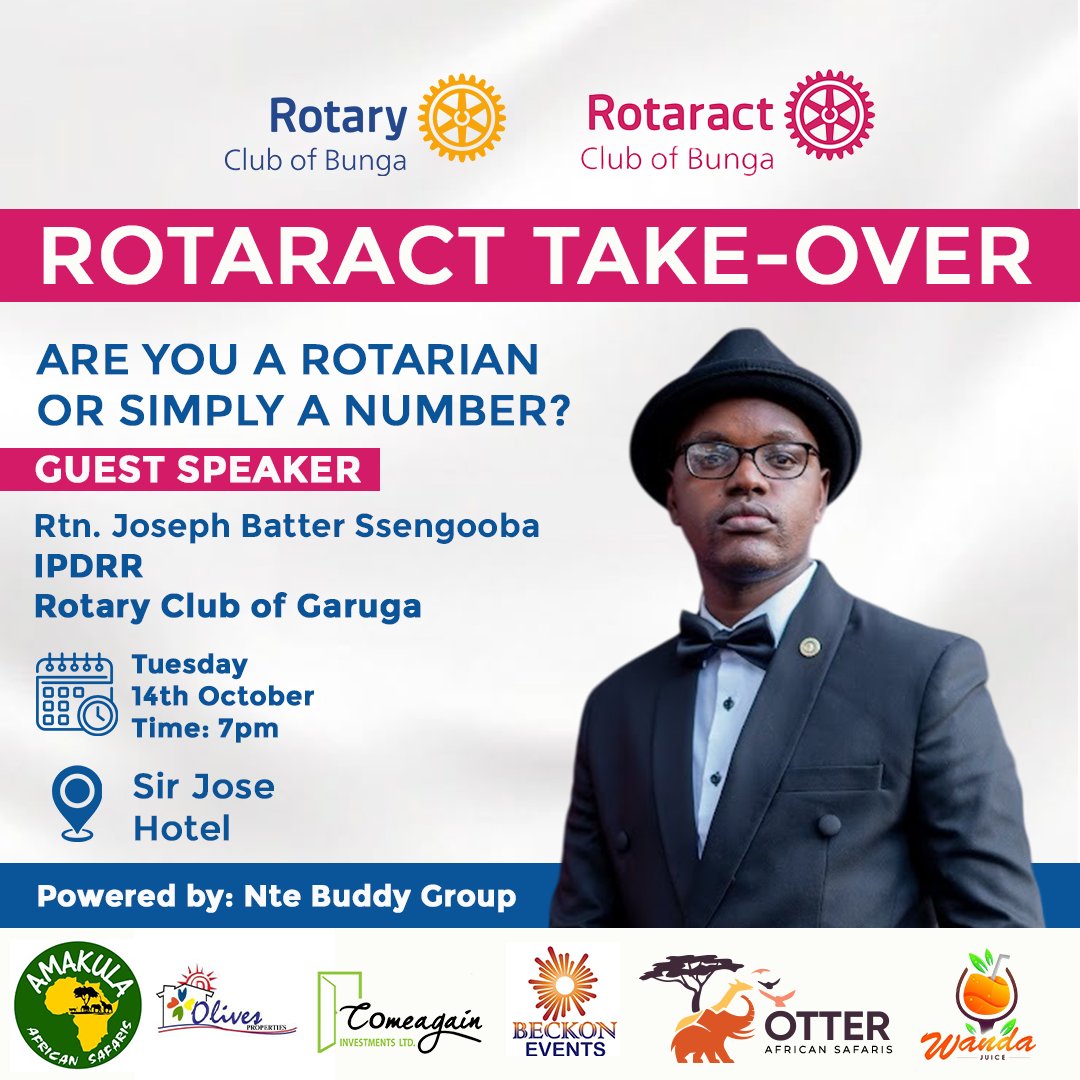 Join the Rotaract TakeOver Fellowship!✨

This Tuesday we shall be taking over fellowship at our Mother club <a href="/RotaryBunga/">Rotary Club of Bunga D9214</a> !✌🏾

Don't miss, join us! We can't wait to have you!

#RotaractTaleover
#RotaryBunga