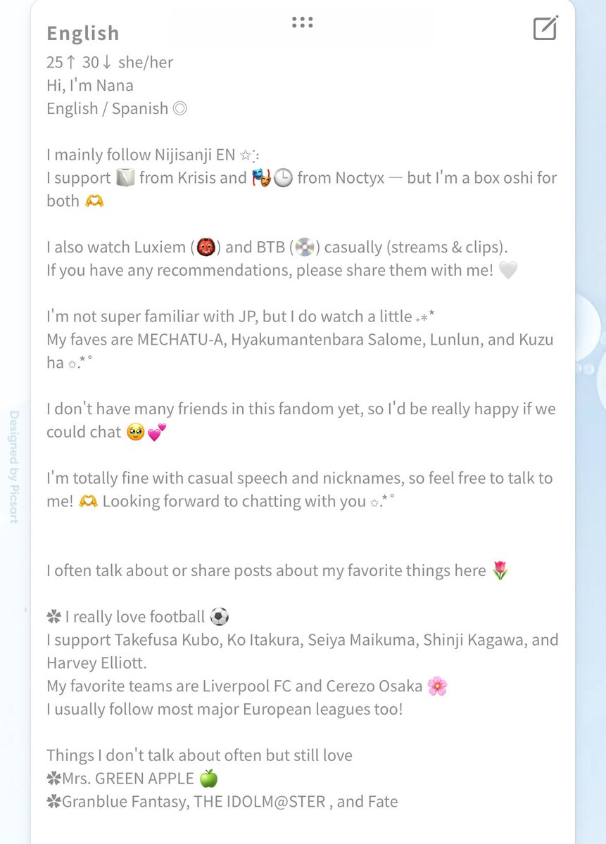 tk2014_xx's tweet image. Sorry if anything I write is hard to read…(；；)

Let&apos;s be friends 🤍
Feel free to follow and say hi 🥹🫶

#nijiintro #nijitwt