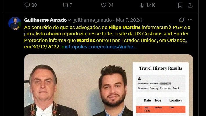 EnioViterbo's tweet image. Apenas lembrando:
O jornalista Guilherme Amado disse mais de uma vez que Filipe Martins entrou nos EUA em dezembro de 2022.
Os EUA disseram que essa viagem nunca aconteceu.
O jornalista poderia dizer publicamente que estava errado e que propagou informação inverídica, não?