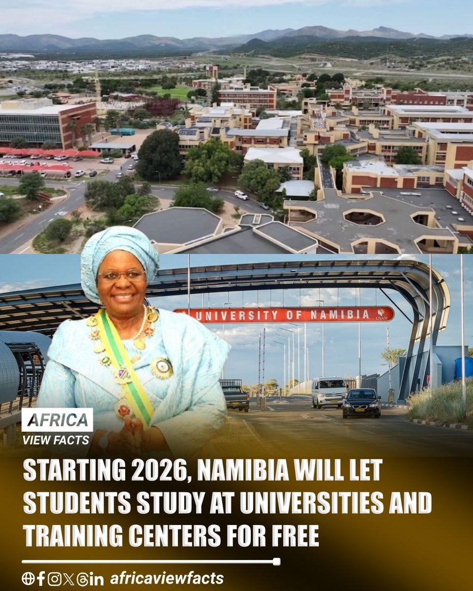 AfricaViewFacts's tweet photo. Starting in 2026, Namibia 🇳🇦 will provide free education at all public universities and vocational training centers. 

The government will cover 100% of tuition and registration fees for every student, making higher education fully free for everyone. https://t.co/TweNqgdJkb