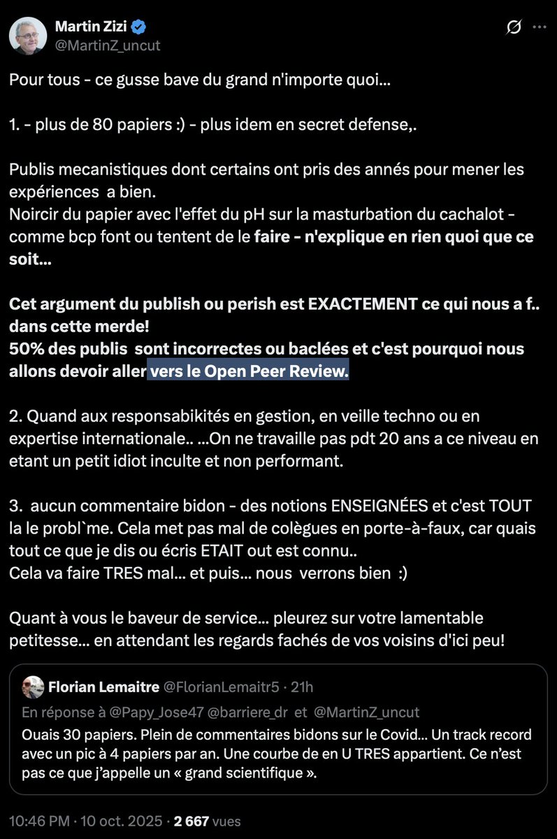 Il était où Zizi, quand, en 2020 et en 2019 j'appelais déjà à L'Open Peer Review, notamment car son copain Raoult publiait des papiers peer-reviewed en 1 jour seulement??
…rchintegrityjournal.biomedcentral.com/articles/10.11…
bmcmedresmethodol.biomedcentral.com/articles/10.11…

Ou alors, c'est un hypocrite qui d'un côté nous dit: