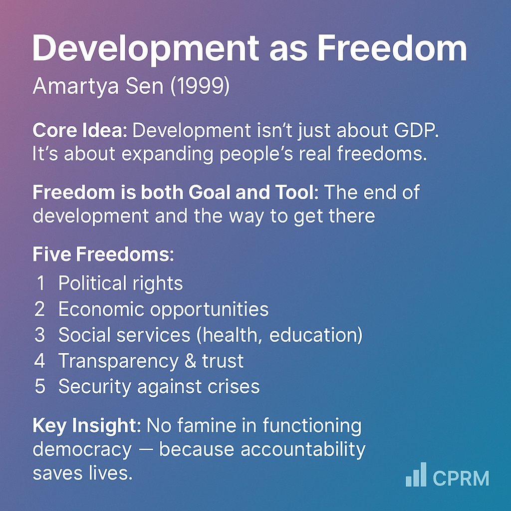 Development is more than numbers. Amartya Sen reminds us: real progress is measured by the freedoms people enjoy — political, economic, social, and secure lives. Without freedom, growth is hollow.

#DevelopmentAsFreedom #AmartyaSen #HumanDevelopment #CPRMRadio #HomeOfOPM