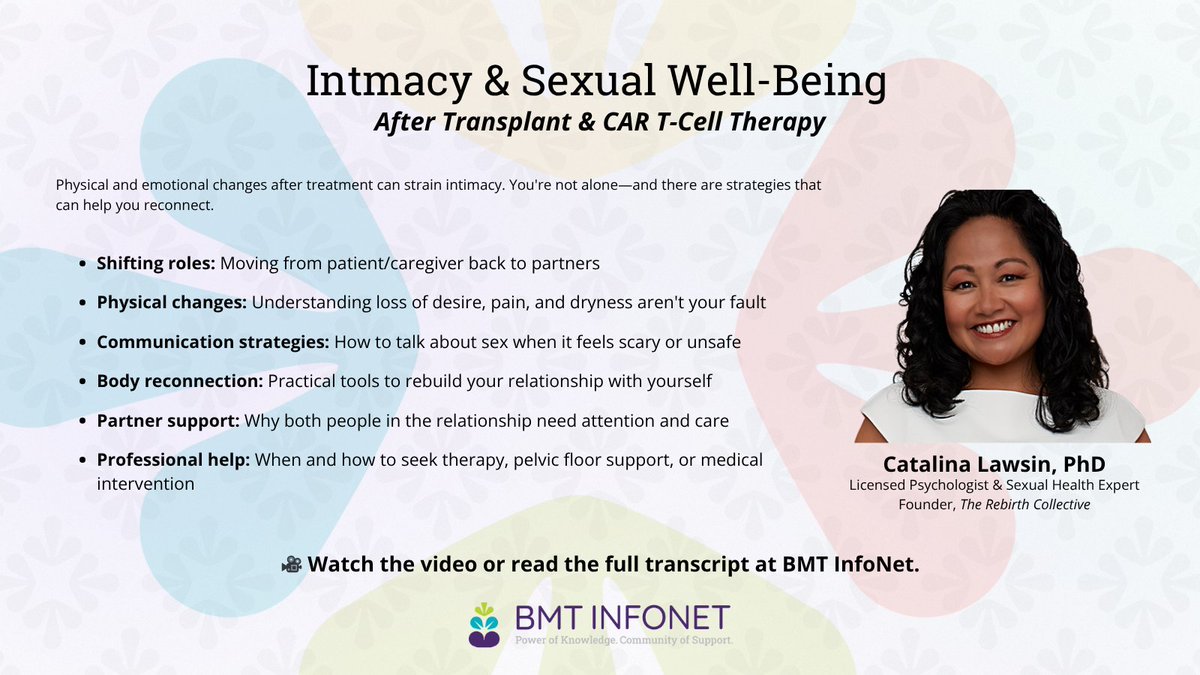 BMTInfoNet's tweet image. New resource on sexual health &amp;amp; intimacy post-transplant/CAR-T

• 40-100% of survivors experience sexual changes
• Physical sequelae: vaginal atrophy, ED, libido loss
• Somatic interventions
• Overcoming clinical barriers to screening
 
bmtinfonet.org/video/enhancin…