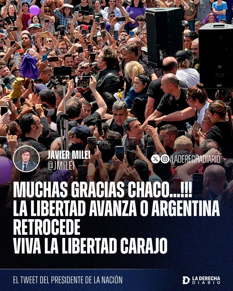 🚨🇦🇷 | El presidente Javier Milei agradeció a la multitud que lo recibió y ovacionó en su caravana en el Chaco: “LA LIBERTAD AVANZA O LA ARGENTINA RETROCEDE. VIVA LA LIBERTAD CARAJO”.