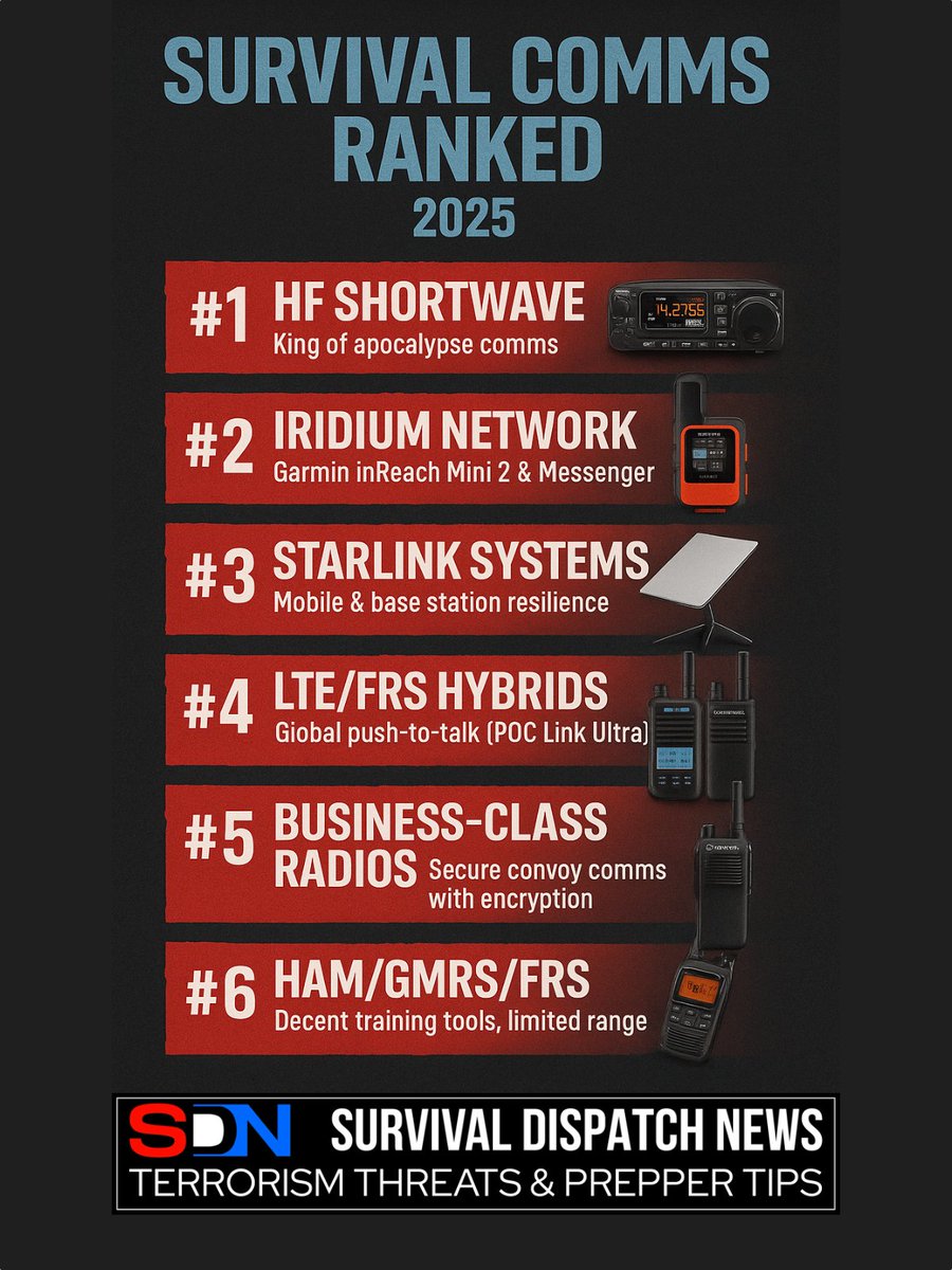 SurvivalReport's tweet image. 🔥 NEW FIELD REPORT — SURVIVAL COMMS RANKED 2025

After 2 years of real-world testing, we’ve learned what actually works when the grid dies — and what’s pure marketing hype.

🛰️ #1 Shortwave HF — still the king of apocalypse comms

📡 #2 Iridium Network — Garmin inReach Mini 2 &amp;amp;…