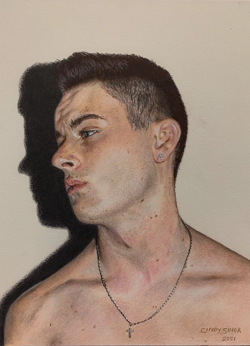 CindySinor's tweet image. This is one of the colored pencil portraits I’ve drawn that I’m most proud of—based on level of realism and emotion. I’ve been told many times the shadow resembles (unintentionally) a famous person. Who is it?