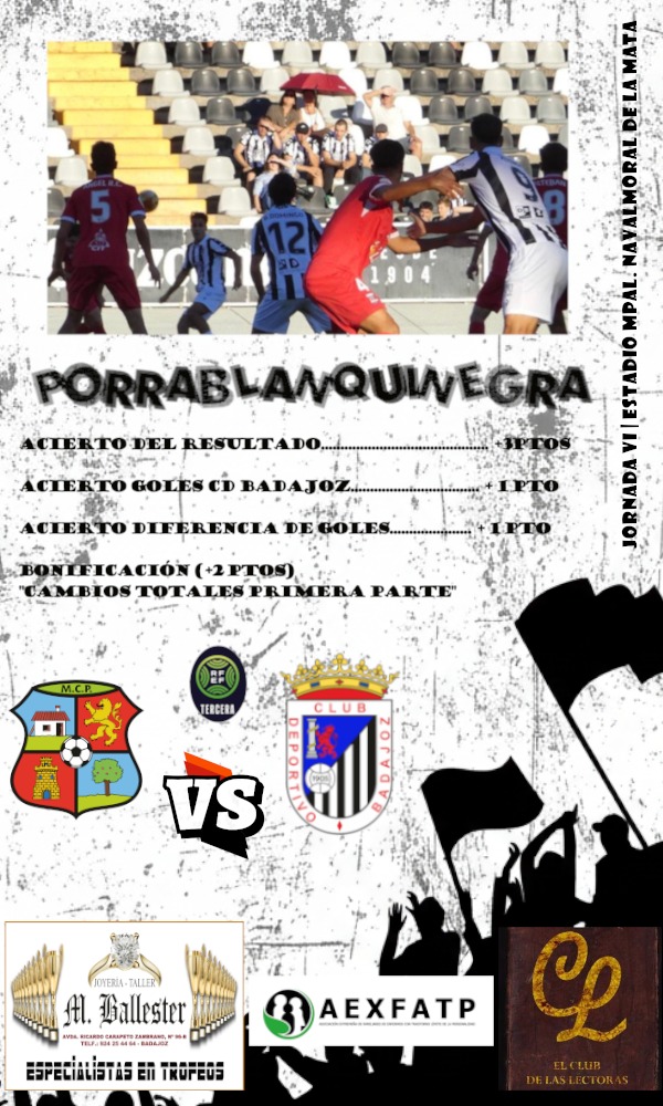 ⚠️NUEVA JORNADA⚠️
El equipo viaja hasta Navalmoral de la Mata con el objetivo de sumar la tercera victoria consecutiva de la temporada🚍🏟️
<a href="/MORALO_CP/">MORALO CP</a> y <a href="/CDBadajoz/">CD Badajoz</a> se enfrentan el domingo por los 3 puntos⚽👀
Todo lo necesario en el cartel👇🏽
#PorraBlanquinegra ⚪⚫💪🏽