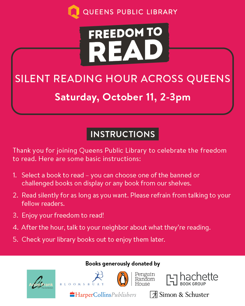 QPLNYC's tweet image. Saturday, October 11 is #LetFreedomReadDay!
Visit any open QPL location at 2PM for our #BannedBooksWeek Silent Reading Hour Across Queens!
queenslibrary.org/calendar?searc…
#FreedomToRead