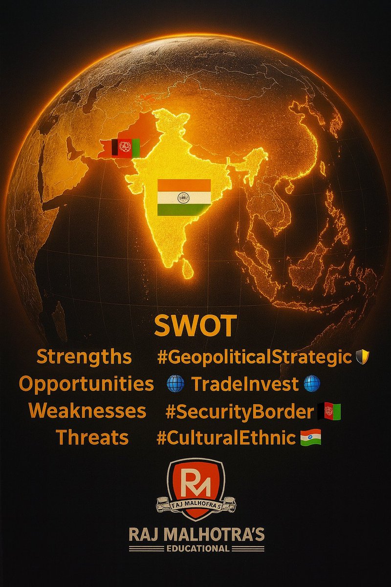 Rajmalhotrachd's tweet image. India–Afghanistan 2025-26 SWOT  UPSC mains/PSIR 

🔵 SWOT: India–Afghanistan (Now→Next) #IndiaAfghan2025 #GeoStrategy #UPSC #GS #PSIR

🛡️ Strengths #StrongRoots #SoftPower

Legacy capital: Salma (42 MW), Zaranj–Delaram (218 km) → sticky goodwill, India’s brand. 🇮🇳🤝…