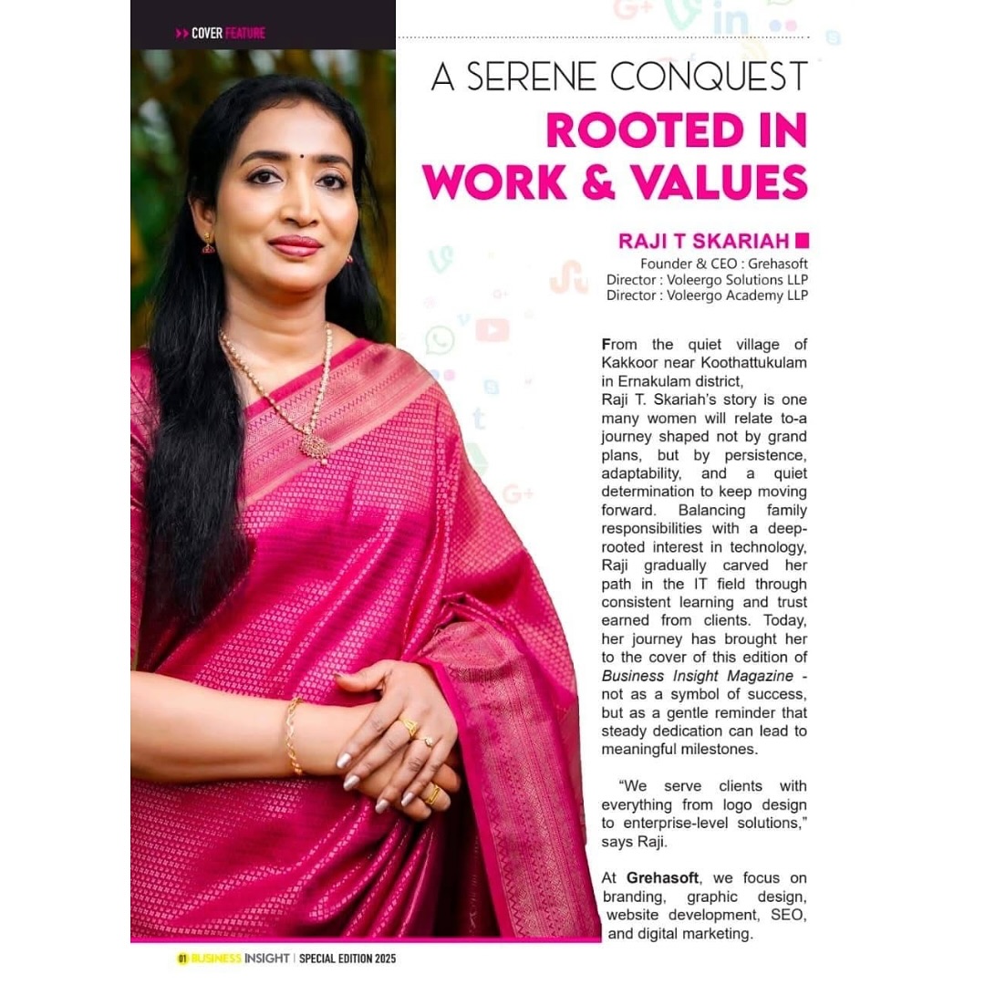 grehasoft's tweet image. Proud moment!✨
We’re proud to share our Founder and CEO,  Raji Skariah (also Director of Voleergo Solutions &amp;amp; Voleergo Academy), featured in a cover story in Business Insight Magazine! #Grehasoft #Voleergo  #IT #Software #Inspiration #WomenEntrepreneur