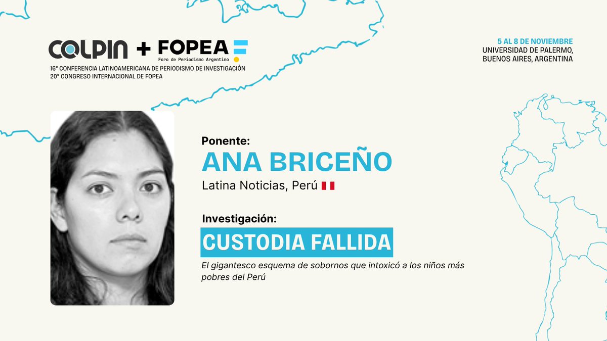 🇦🇷 #COLPIN2025: Ana Briceño de <a href="/Latina_Noticias/">Latina Noticias</a> 🇵🇪 estará presente en la COLPIN con la investigación "Custodia fallida".

➡️Asiste aquí: bit.ly/EntradasColpin…

🌎COLPIN + <a href="/FOPEA/">FOPEA</a>, del 5 al 8 de noviembre en Buenos Aires, Argentina.