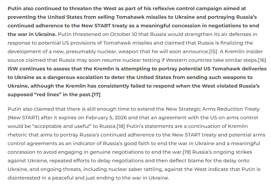 TheStudyofWar's tweet image. ISW continues to assess that the Kremlin is attempting to portray potential US Tomahawk deliveries to Ukraine as a dangerous escalation to deter the United States from sending such weapons to Ukraine, although the Kremlin has consistently failed to respond when the West violated…