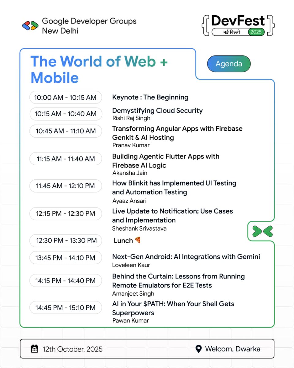 gdg_nd's tweet image. Level up your Web + Mobile skills at #DevFestDilli2025! 

Join us Oct 12 for deep dives into Cloud Security, Firebase-powered app transformations, Agentic Flutter Apps with AI, Next-Gen Android with Gemini, plus Testing &amp;amp; Automation insights.

#WebDev #MobileDev #Android #Flutter
