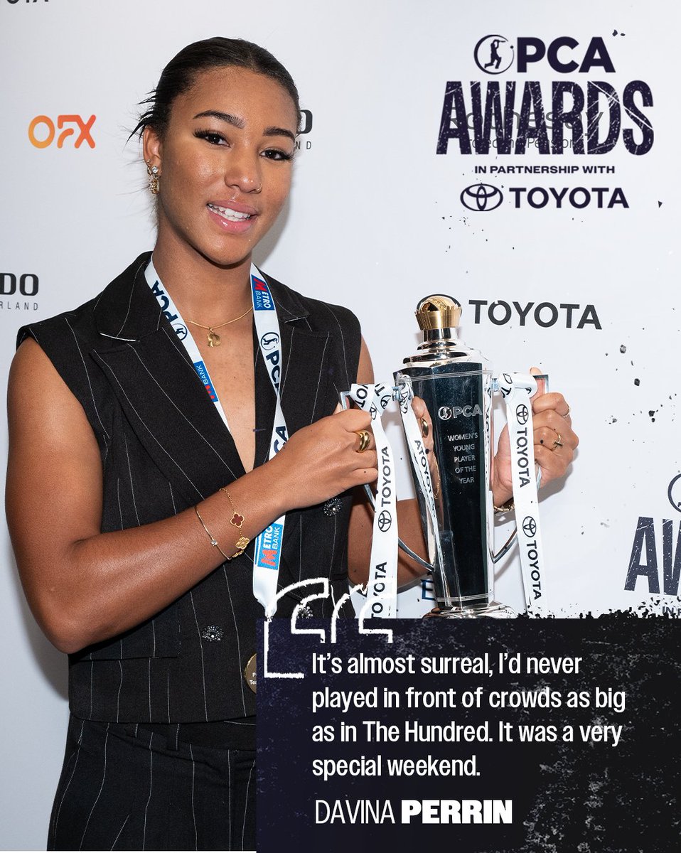 PCA's tweet image. She produced many important innings across the season but that blistering century in #TheHundred is the standout moment for Davina Perrin 💥

See what else the Toyota PCA Women&apos;s Player of the Year said after receiving her trophy 👉  bit.ly/PCAAwardsWinne…

#PCAawards