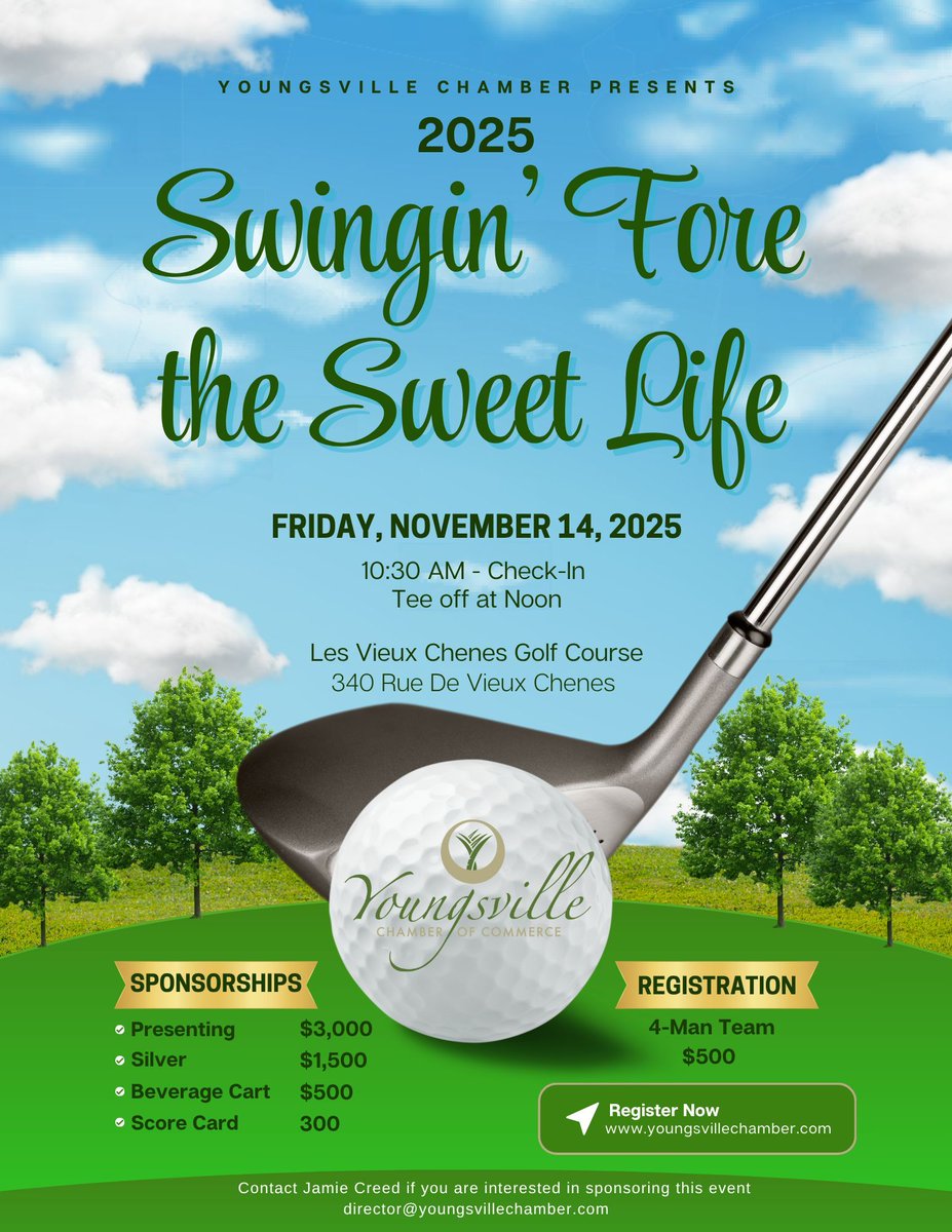 Join us for our Annual Chamber Golf Tournament — a day of networking, friendly competition, and fun on the fairway.

Team registration &amp; sponsorships now open!
Don’t miss your chance to connect with local professionals and promote your business on the green. #YoungsvilleChamber
