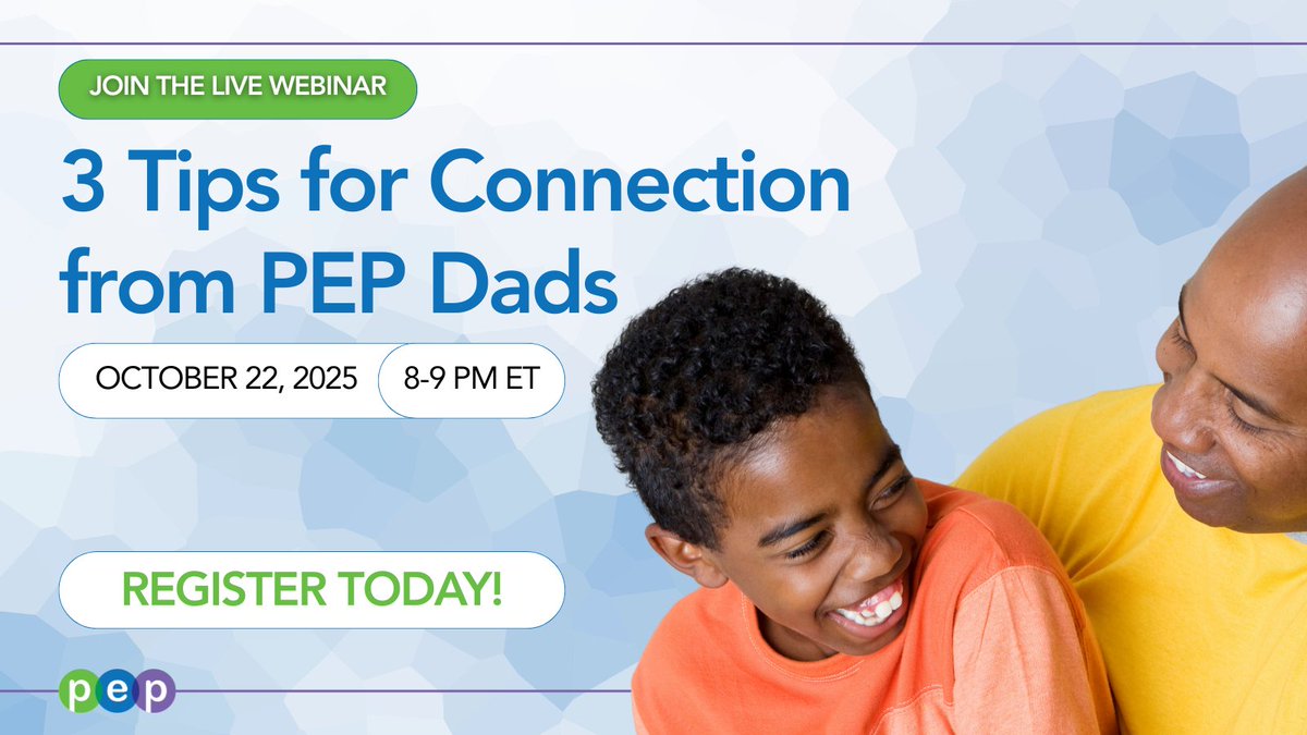 Dads! Curious about building stronger connections with your kids?

Join us for a live webinar on October 22nd at 8 PM ET! 

PEP Dads will share real strategies, stories, and humor to help you strengthen your relationship with your children.

Register now:
pepparentonline.org/p/3-tips-2025