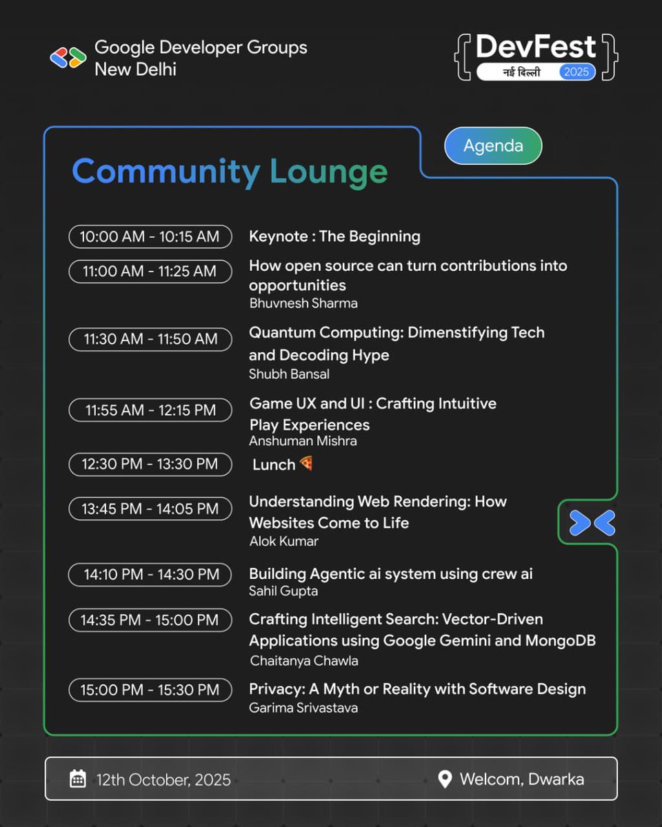 gdg_nd's tweet image. Broaden your tech horizons at the Community Lounge on Oct 12! 💯

Dive into Quantum Computing, Agentic AI, Web Rendering, and Open Source opportunities. One track, endless cutting-edge learning at #DevFestDilli2025!

#CommunityLounge #TechTalks #AI #Learning