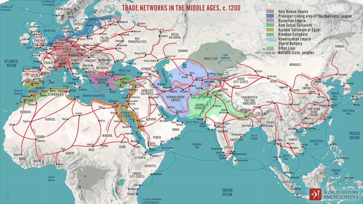 Trade Networks in the Middle Ages, c. 1200 — global overland and maritime routes linking Europe, Africa, and Asia, with principal polities labelled; based on World History Encyclopedia’s synthesis.
