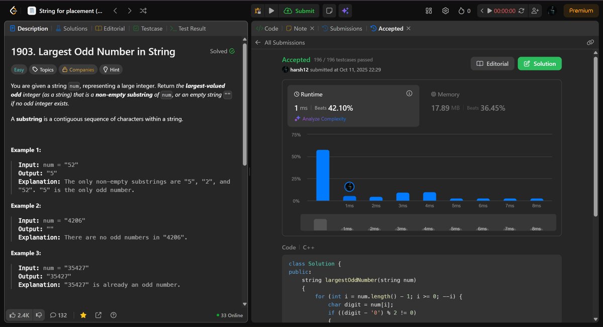 HarshChauh12662's tweet image. Day 159 of #365DaysOfCode
Solved Q1903 today 
It was a pretty easy one and didn’t take much time to crack. On to tougher challenges next 
#100DaysOfCode  #DSA #ProblemSolving #CodingChallenge #Algorithms #CodeNewbie #ProgrammerLife #KeepCoding #LearningEveryday #TechTwitter