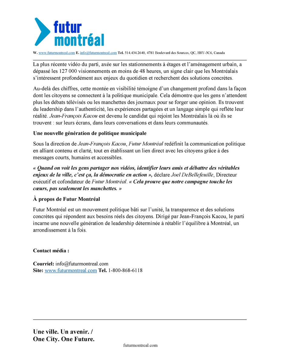 ***PRESS RELEASE***
***Jean-François Kacou and Futur Montréal surpass 1.1 million video views across Instagram and TikTok, setting a new benchmark for digital engagement in municipal politics***
Montréal, October 11, 2025 - "Less than three weeks before voters head to the polls,