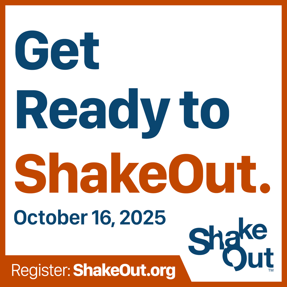 Thursday, Oct. 16, is the day of the annual Great ShakeOut Drill! Millions of people across California—and around the world—will practice how to Drop, Cover and Hold On to prepare for earthquakes.

Learn more and register for free: shakeout.org