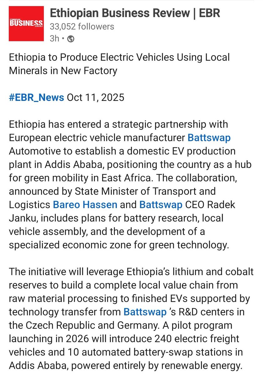 Solomon_Damte's tweet image. #Ethiopia to srart #ElectricVehicles production using its own #Lithium and #Cobalt 👇🏼👇🏼 

#EVManufacturing #CleanEnergy 🇪🇹