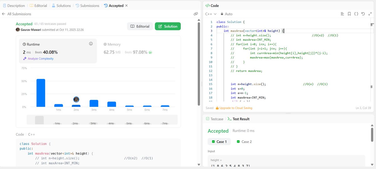 gauravmawari18's tweet image. 🌟 Day 201/∞ 🚀
Solved Container With Most Water 💧
Used the two-pointer technique to find the max area efficiently!
Time Complexity: O(n) | Space: O(1)
#LeetCode #DSA #KeepCoding #CodeEveryday