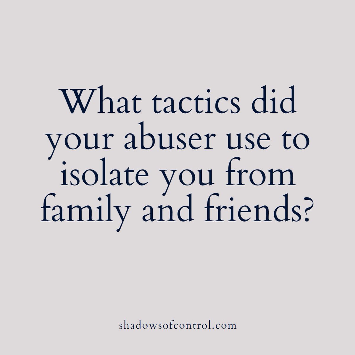 shadows_control's tweet image. Isolation is a key tactic abusers use to maintain control—criticizing loved ones, creating conflict, or monopolizing your time to cut off support systems. What methods did they use to isolate you?

#CoerciveControl