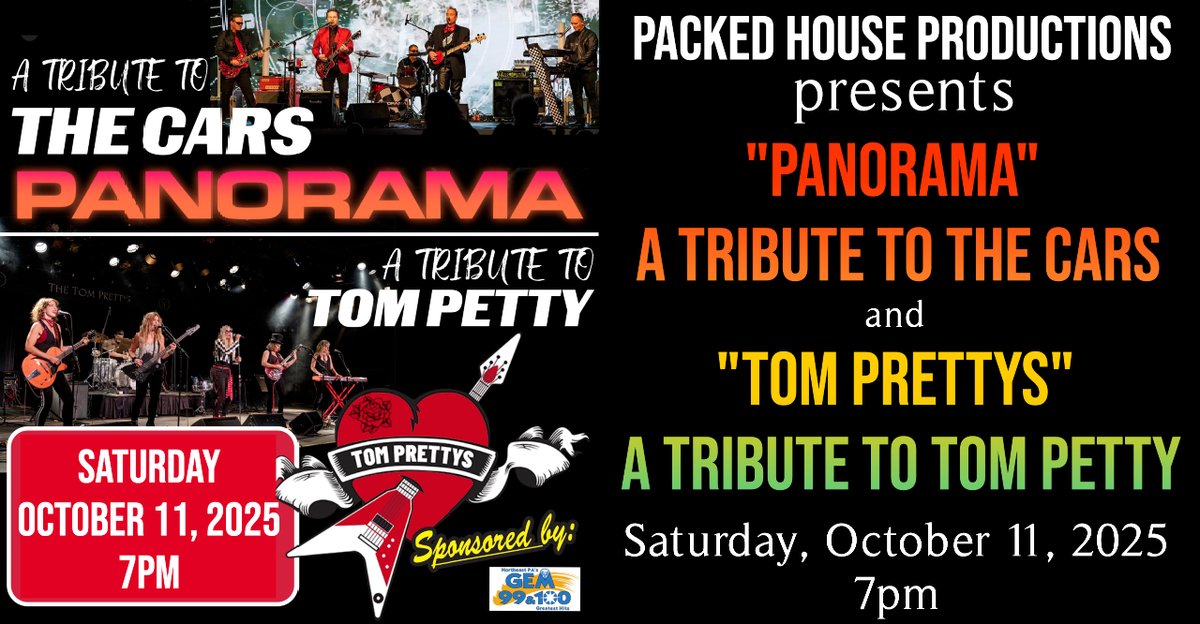Packed House Productions presents “Panorama” A Tribute to The Cars and “Tom Prettys” A Tribute to Tom Petty TONIGHT at 7pm! Tickets are $38-$44 and can be purchased online at thetheateratnorth.org, over the phone at 570-800-5020, or in person at the box office tonight at 5pm.