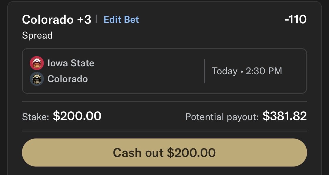 bets_express's tweet photo. CFB Pick🏈

🔘2U Colorado +3 -110

Line opened at 4.5 and is now down to 2.5 at some places. Public is pretty heavy on Iowa St and we’re seeing the line trend away from them. Usually that’s a good sign for Colorado bettors. Take us home Deion!

#GamblingX #CFB #CFBPick https://t.co/0T7jXkkap0