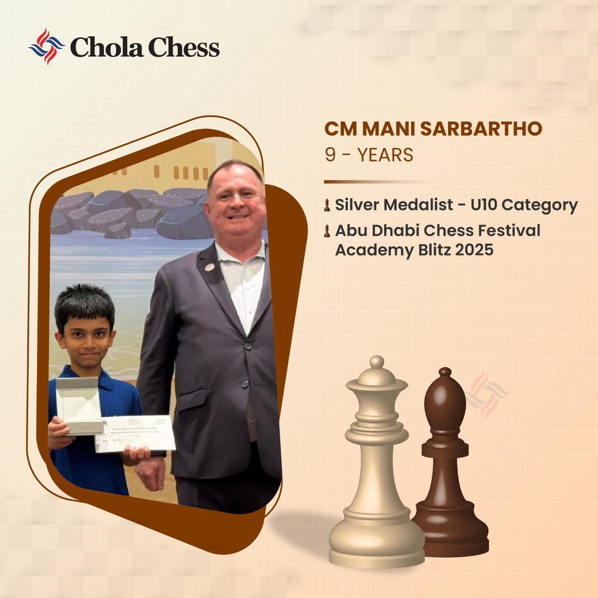 CholaChess's tweet image. A big leap forward for CM Mani Sarbartho at the Abu Dhabi Chess Festival 2025!

📈 Gained 100 Elo rating points in Open A

🥈 Silver Medal in U-10 Academy Blitz

🏅 Crowned with the Candidate Master (CM) title

A remarkable mix of growth, medals, and recognition — proving that…