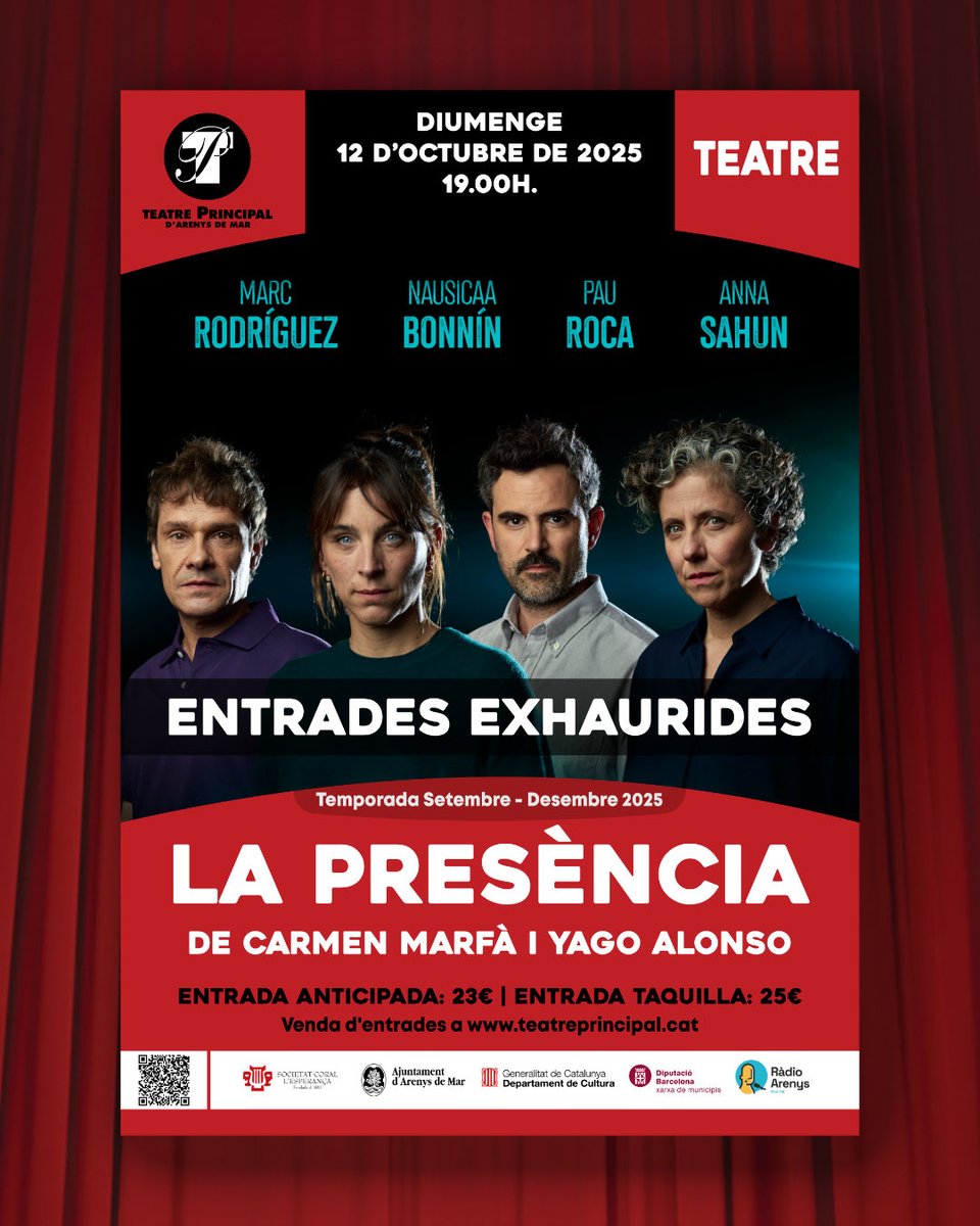 👻 La Presència arriba al Teatre Principal! Amb autoria de Carmen Marfà i Yago Alonso, direcció de Pau Carrió i un repartiment de luxe amb Anna Sahún, Pau Roca, Marc Rodríguez i Nausicaa Bonnín.

🎟️ Entrades Exhaurides!
📅 Diumenge 12 d’Octubre | 🕕 19h.