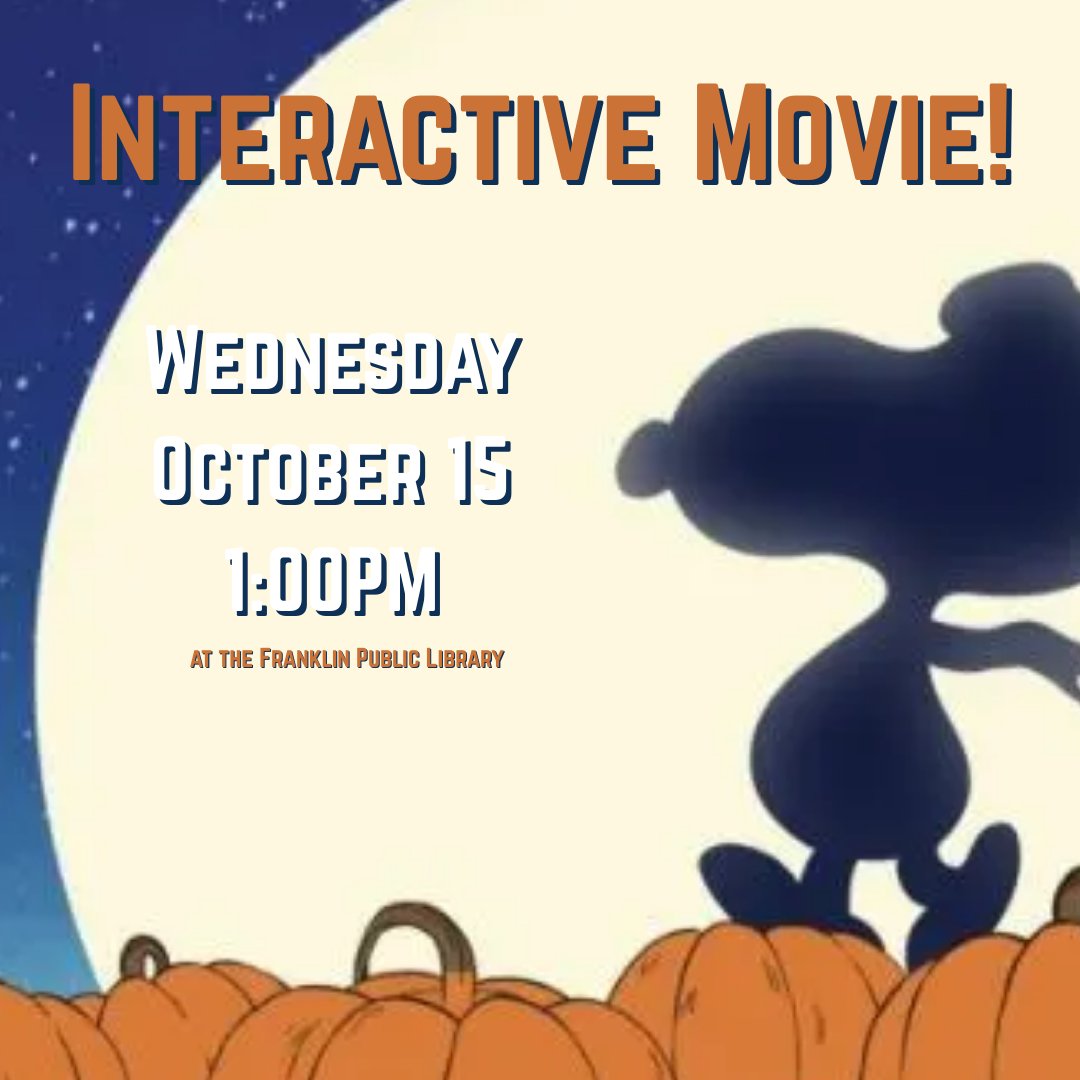 FrkPublicLib's tweet image. Enjoy the Long weekend #franklinma! Then come play in the library!

This week...
Wed 10-15 1PM Interactive Movie
Fri. &amp;amp; Sat. 10-17 &amp;amp; 18 Book Sale
Sat 10-18 10:30AM Trunk or Treat!
#libraryevents