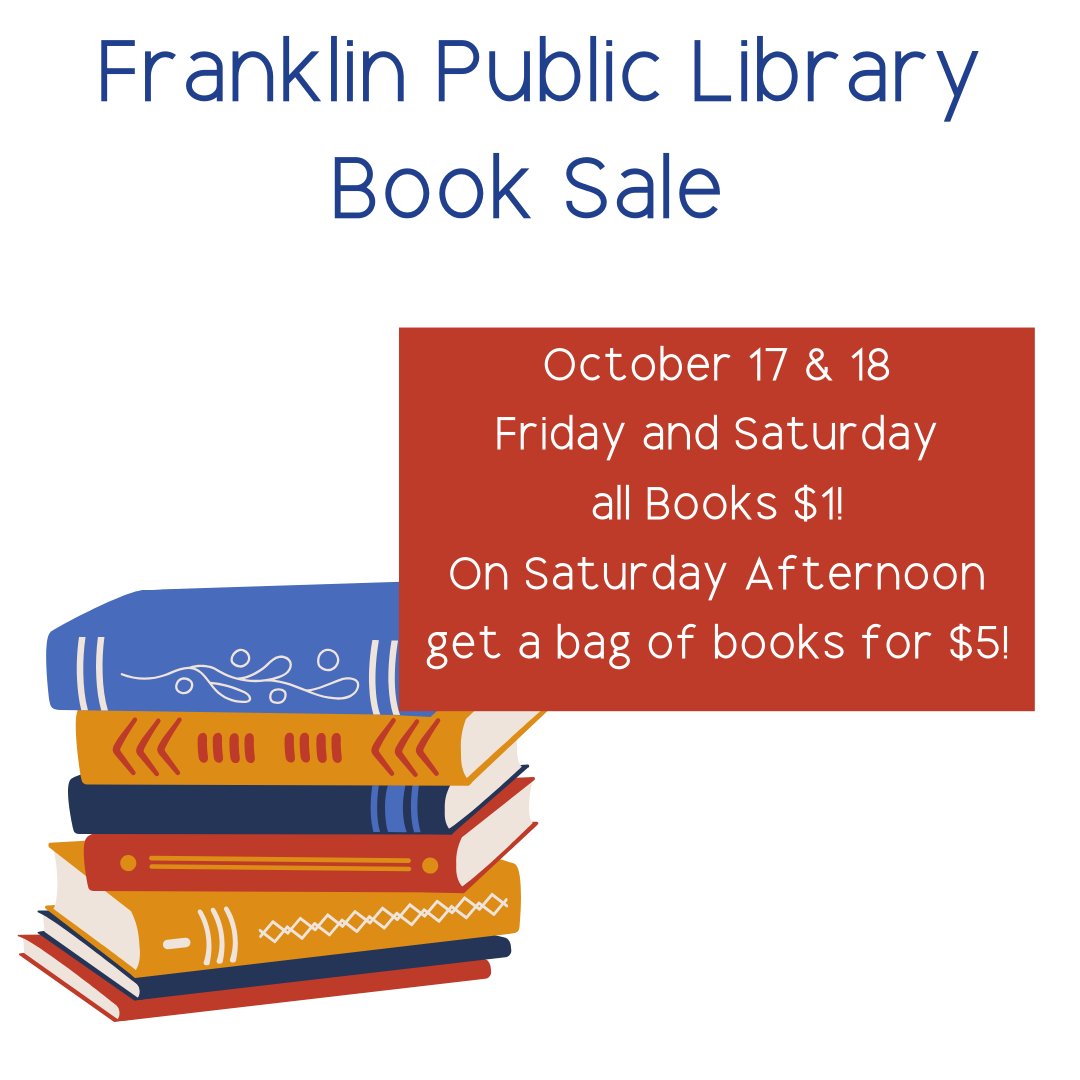 FrkPublicLib's tweet image. Enjoy the Long weekend #franklinma! Then come play in the library!

This week...
Wed 10-15 1PM Interactive Movie
Fri. &amp;amp; Sat. 10-17 &amp;amp; 18 Book Sale
Sat 10-18 10:30AM Trunk or Treat!
#libraryevents