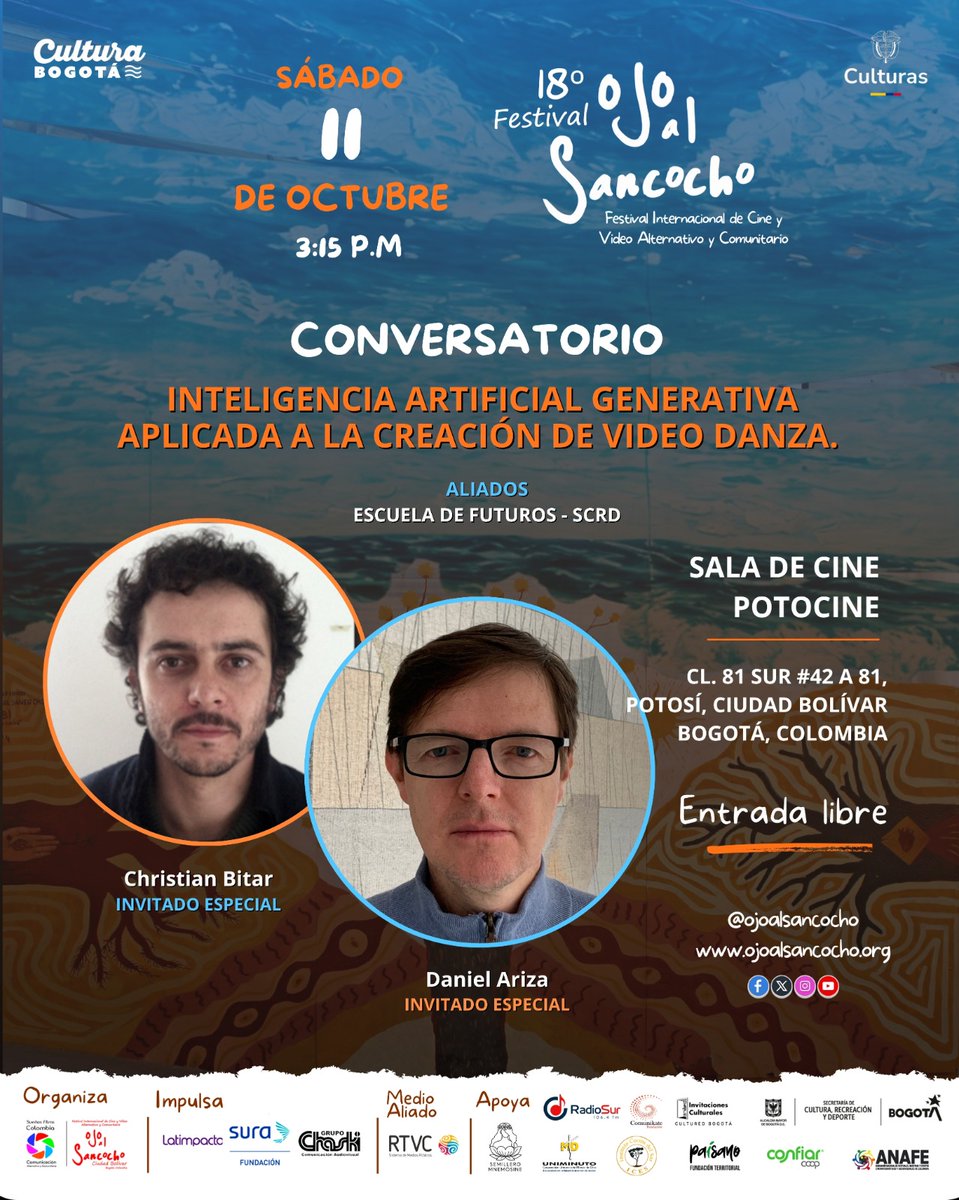 🎬 Este sábado 11 de octubre vive la Clausura del 18º Festival Ojo al Sancocho en la Sala de Cine Potocine – Ciudad Bolívar 💛
desde las 2:00 p.m. Entrada libre
💫 Ven a celebrar el poder del cine comunitario y la cultura viva 🎥❤️

ojoalsancocho.org/clausura2025/