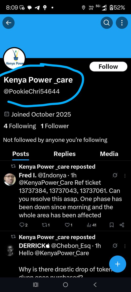 Indonya's tweet photo. @KenyaPower_Care Add on to your records and investigations the X account impersonating you  by the handle below.

@PookieChri54644 https://t.co/1GNSjz3BTa